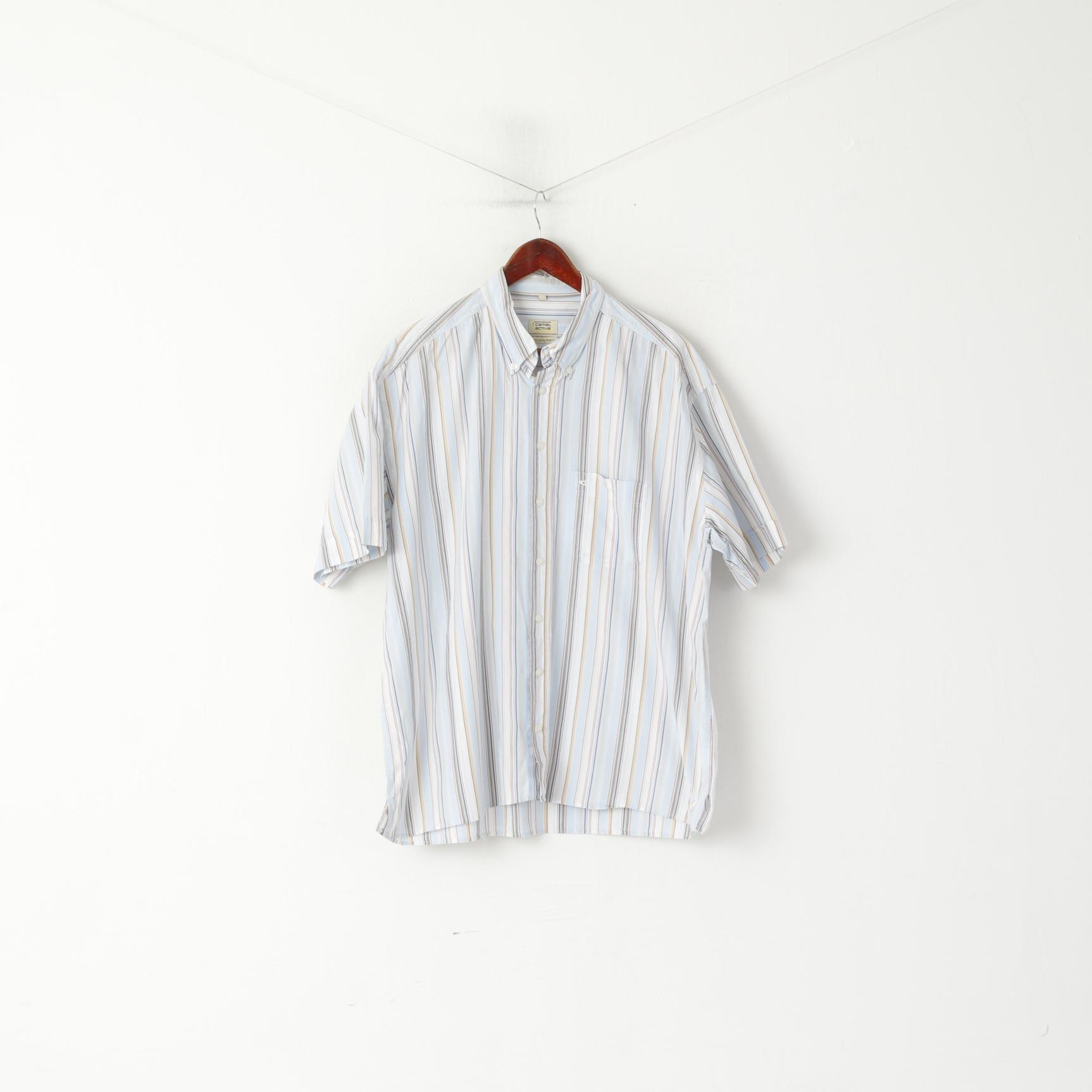 Camel Active Men XL Casual Shirt Blue Striped Cotton Exclusive Design Short Sleeve Top