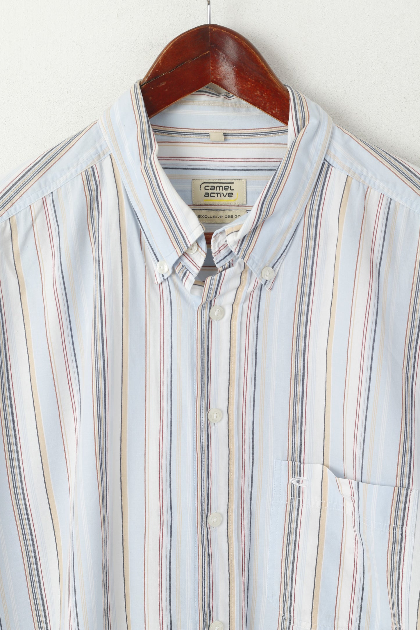 Camel Active Men XL Casual Shirt Blue Striped Cotton Exclusive Design Short Sleeve Top