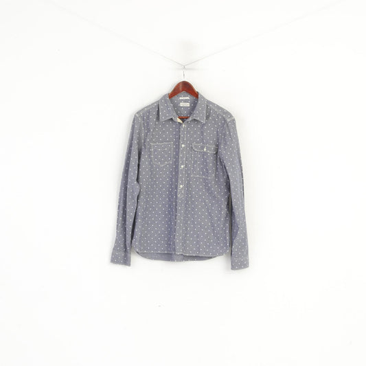 Allsaints Men L (M) Casual Shirt Blue Cotton Wash Dots Birkdale Long Sleeve Top