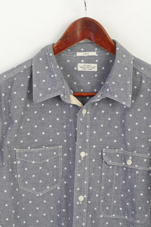 Allsaints Hommes L (M) Chemise décontractée Bleu Coton Wash Dots Birkdale Haut à manches longues
