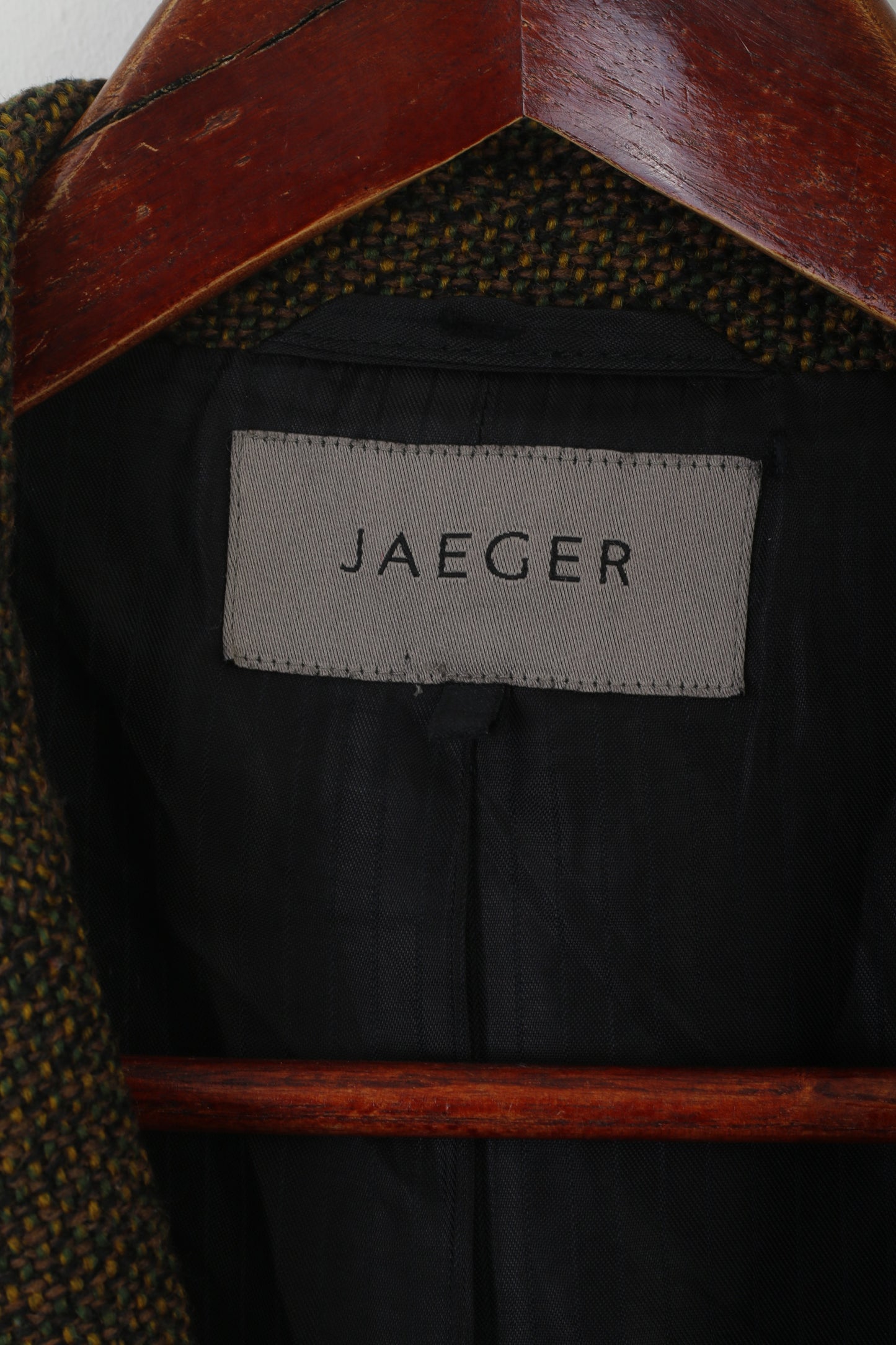 Giacca retrò Jaeger da donna 16 XL Blazer verde marrone in lana vintage con spalline