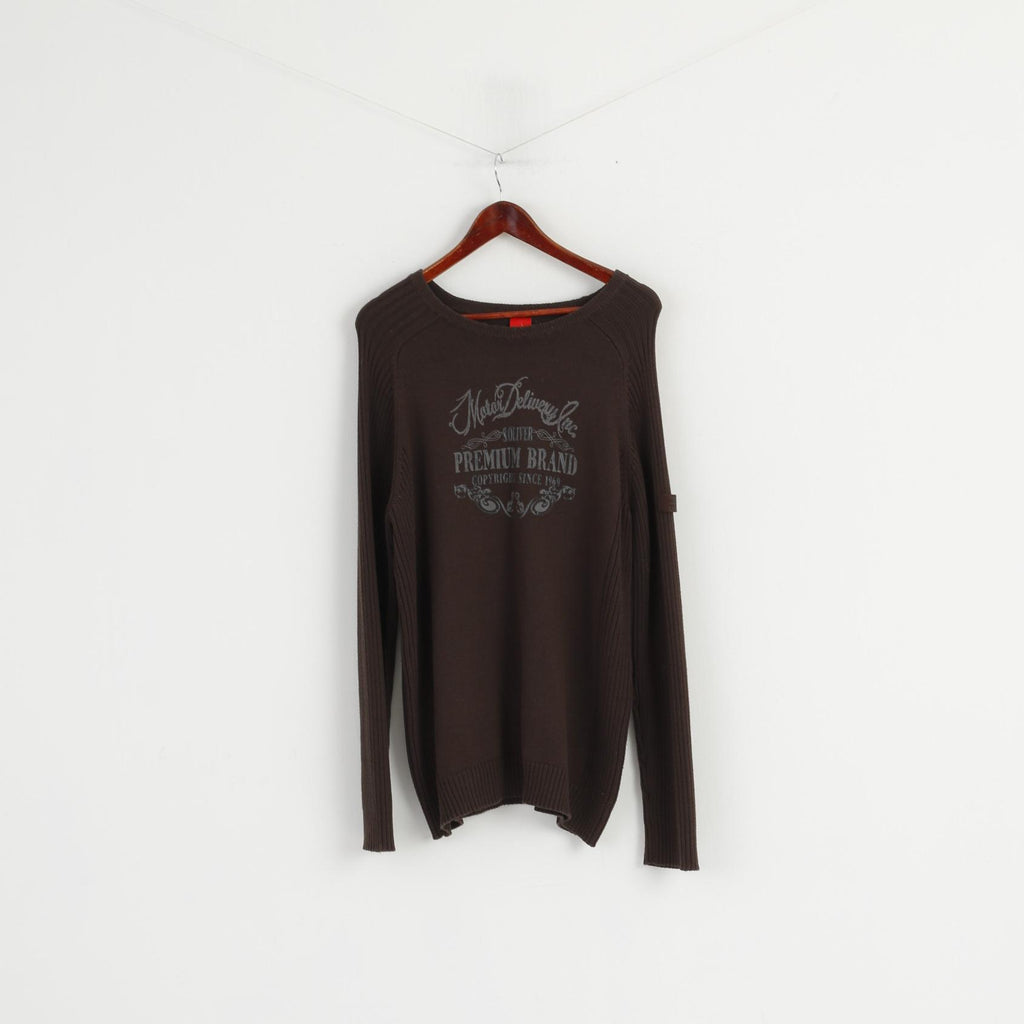 S. Oliver Uomo L Maglione girocollo in cotone marrone con grafica Motor Delivery