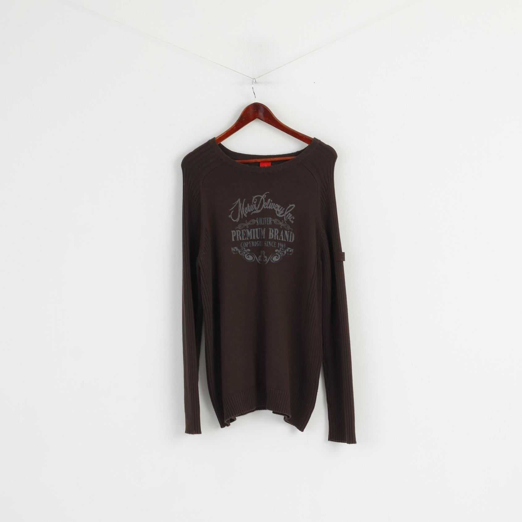 S. Oliver Uomo L Maglione girocollo in cotone marrone con grafica Motor Delivery