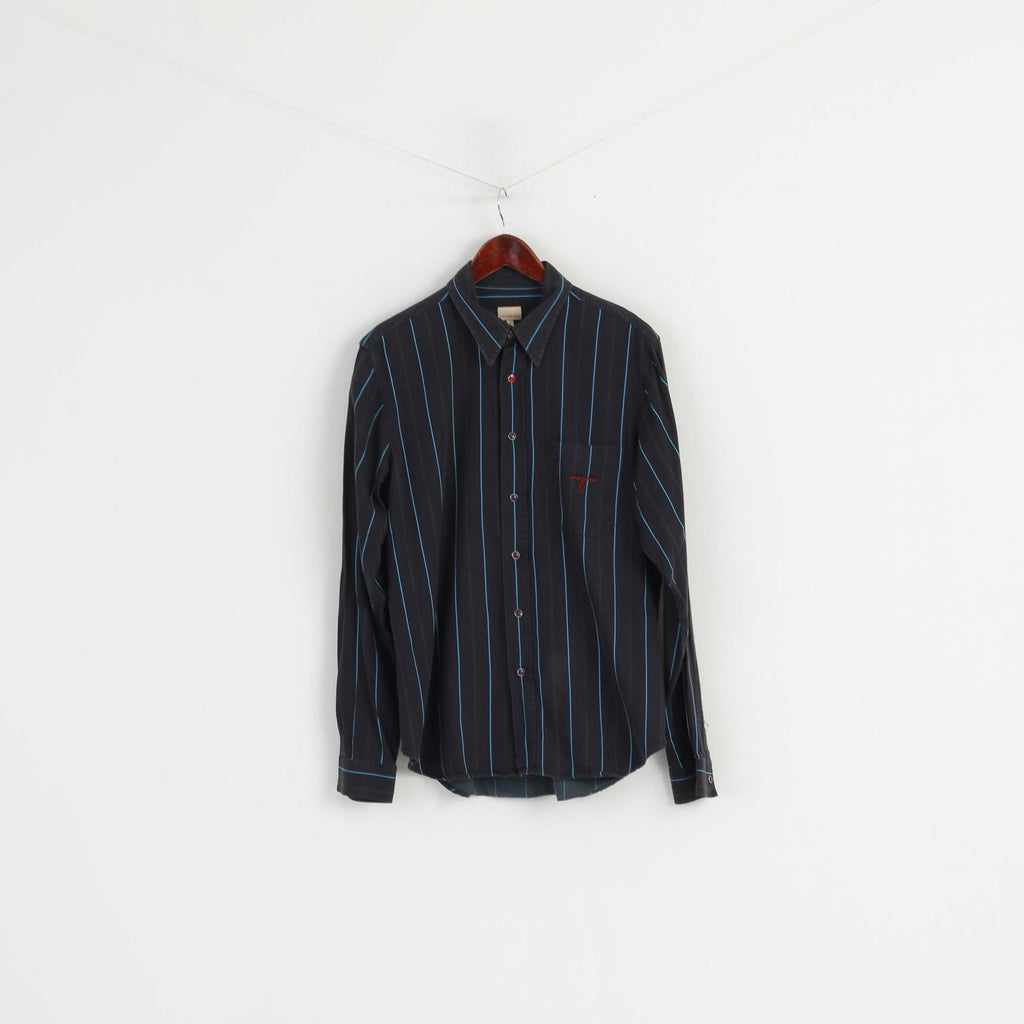 Calvin Klein Jeans Men L Casual Shirt Navy Striped Cotton Popper Buttons Long Sleeve Top