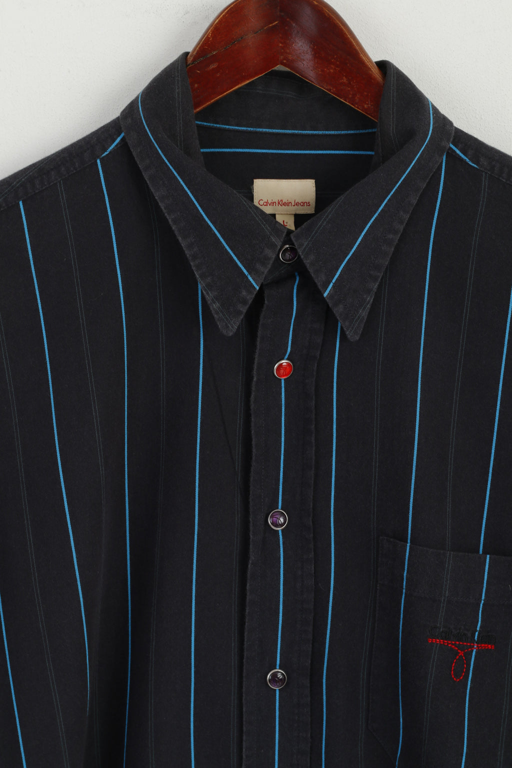 Calvin Klein Jeans Men L Casual Shirt Navy Striped Cotton Popper Buttons Long Sleeve Top