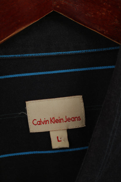 Calvin Klein Jeans Men L Casual Shirt Navy Striped Cotton Popper Buttons Long Sleeve Top