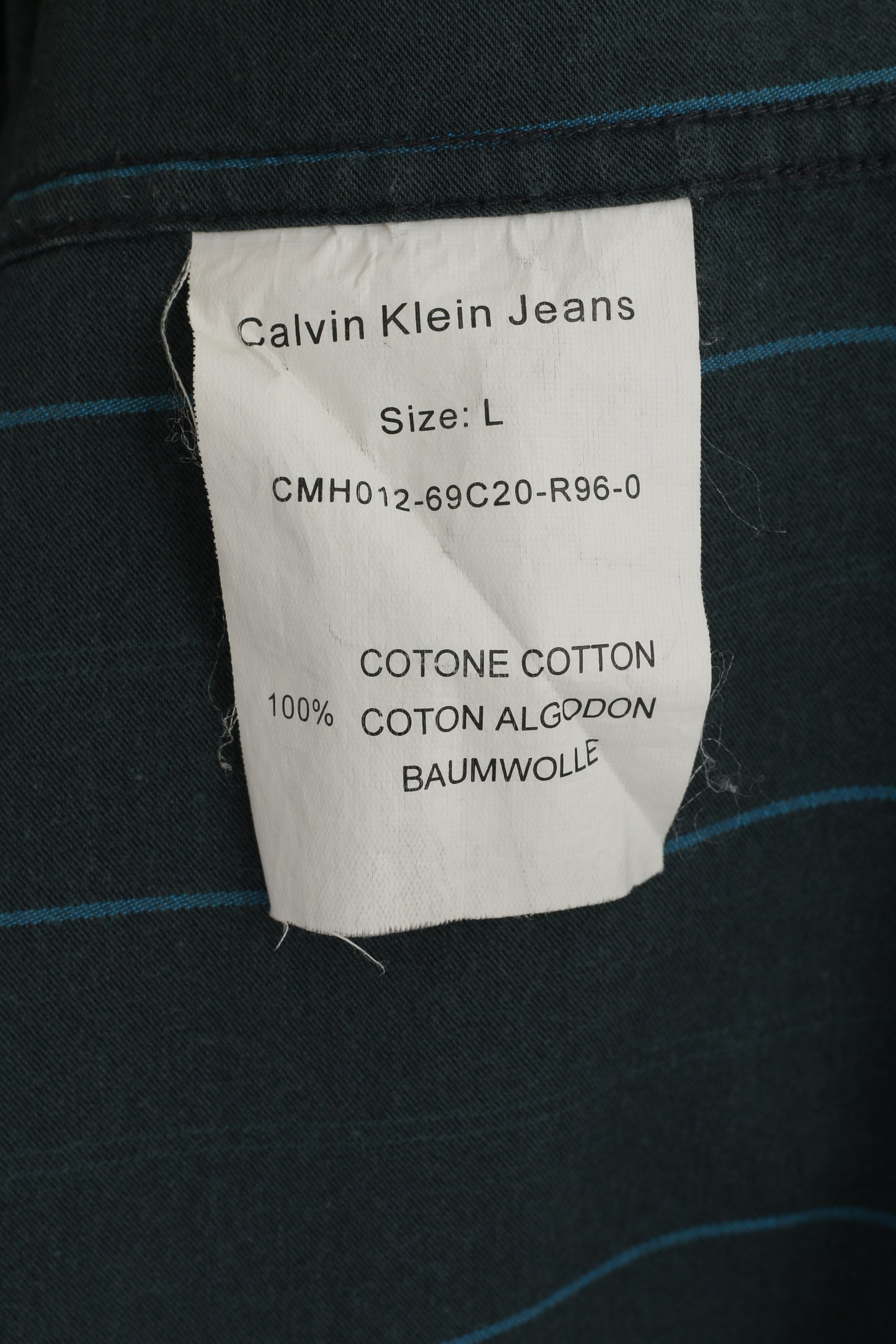 Calvin Klein Jeans Men L Casual Shirt Navy Striped Cotton Popper Buttons Long Sleeve Top