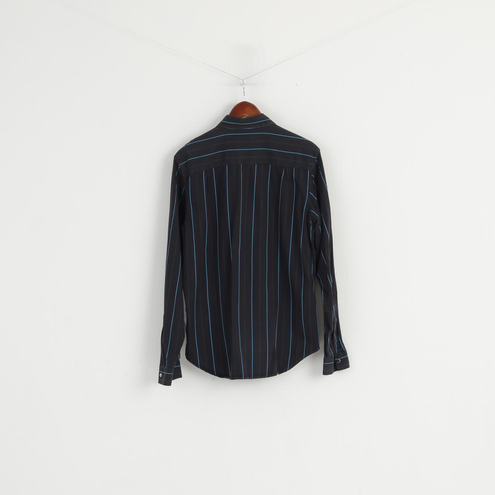 Calvin Klein Jeans Men L Casual Shirt Navy Striped Cotton Popper Buttons Long Sleeve Top