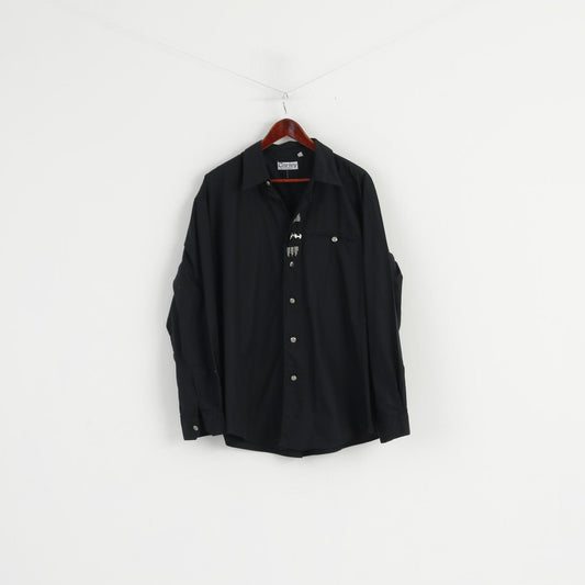 Corley Sportswear Men 45/46 XL Casual Shirt Black Silver Buttons Detailed Long Sleeve