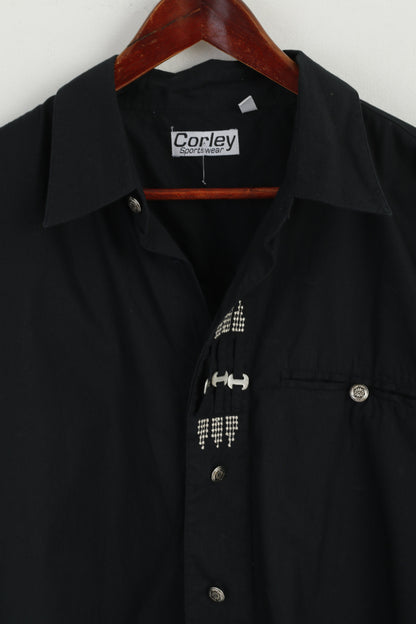 Corley Sportswear Uomo 45/46 XL Camicia casual Nera con bottoni argento Manica lunga dettagliata
