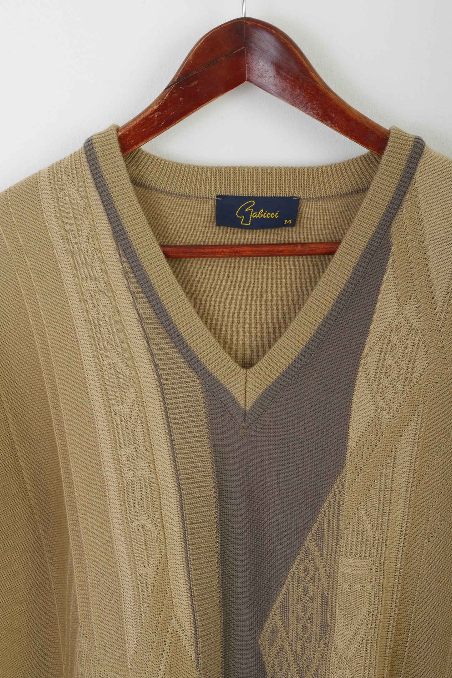 Gabicci Men M Jumper Beige Wool Acrylic Blend V Neck Retro Classic Sweater