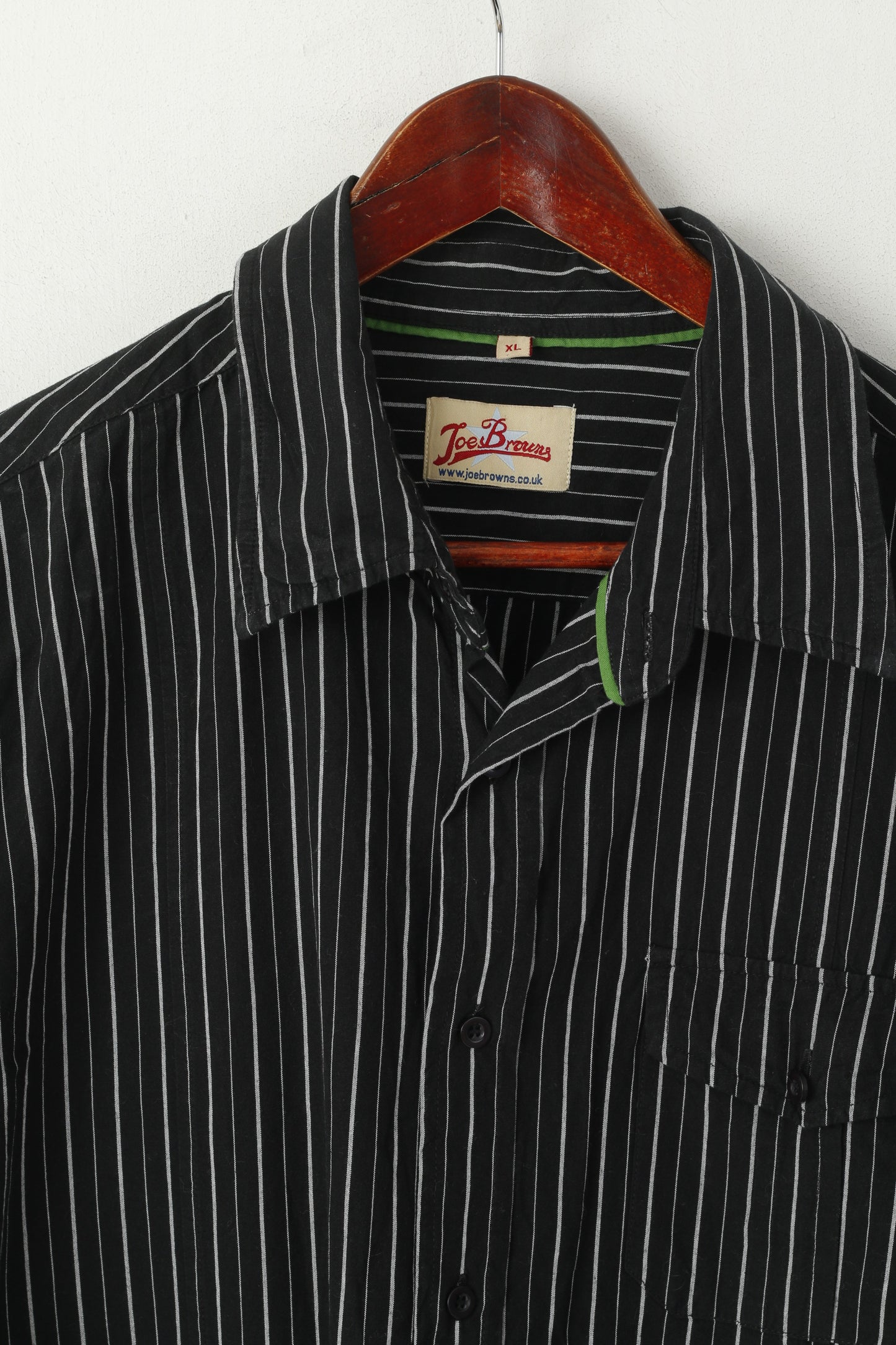 Joe Browns Men XL Casual Shirt Black Cotton Striped Embroidered Pocket Top