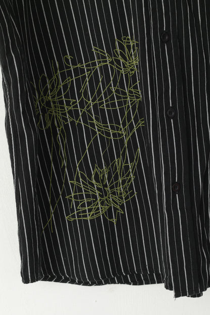Joe Browns Men XL Casual Shirt Black Cotton Striped Embroidered Pocket Top