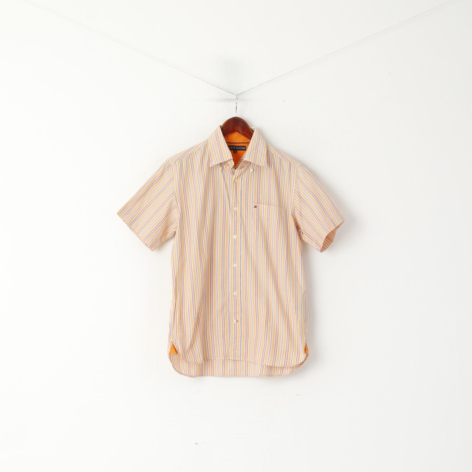 Tommy Hilfiger Uomo Camicia casual Top a maniche corte in cotone a righe arancioni