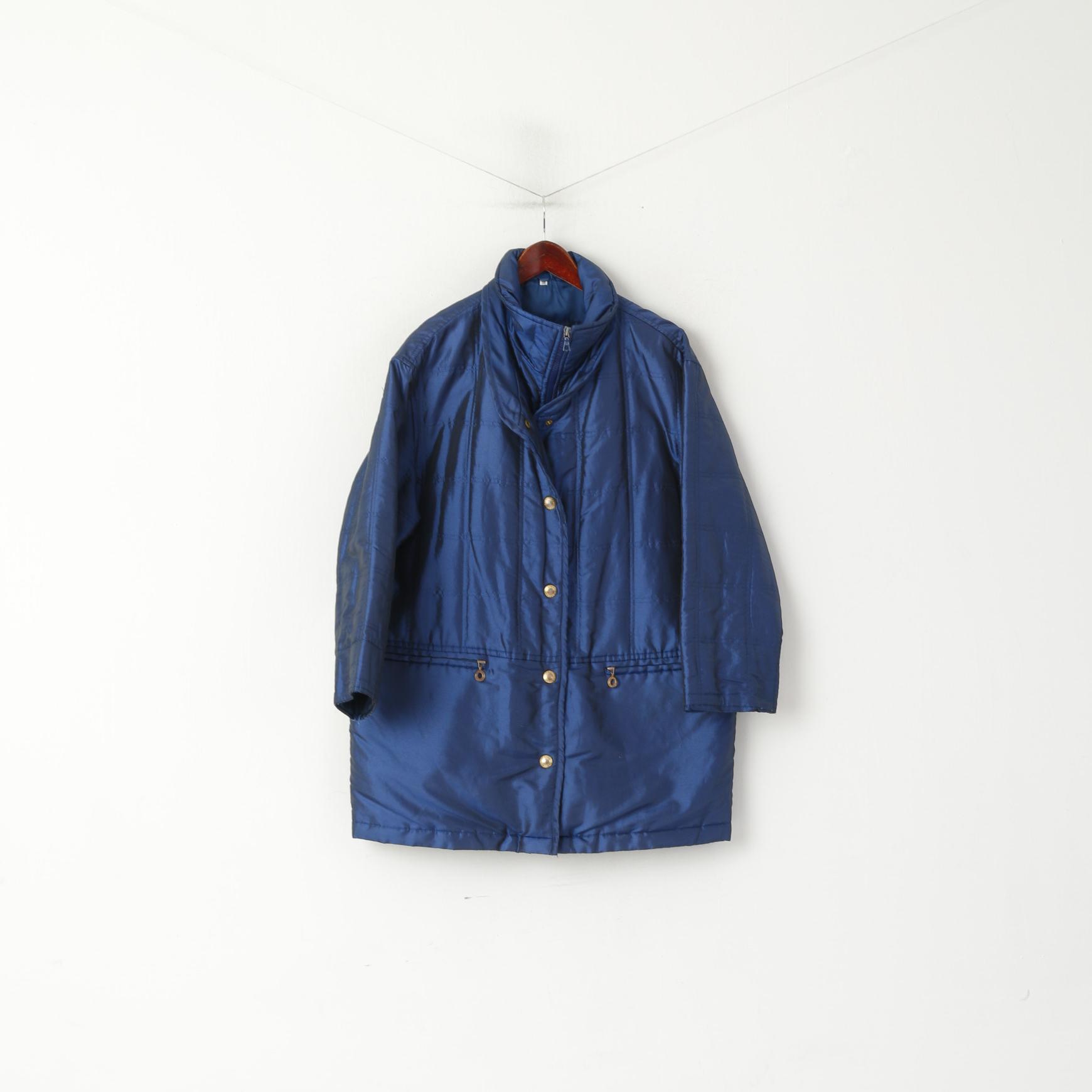 Gira Puccino Femme 38 M Veste Bleu Marine Brillant Vintage Oversize Matelassé Fermeture Éclair Complète Haut Rétro