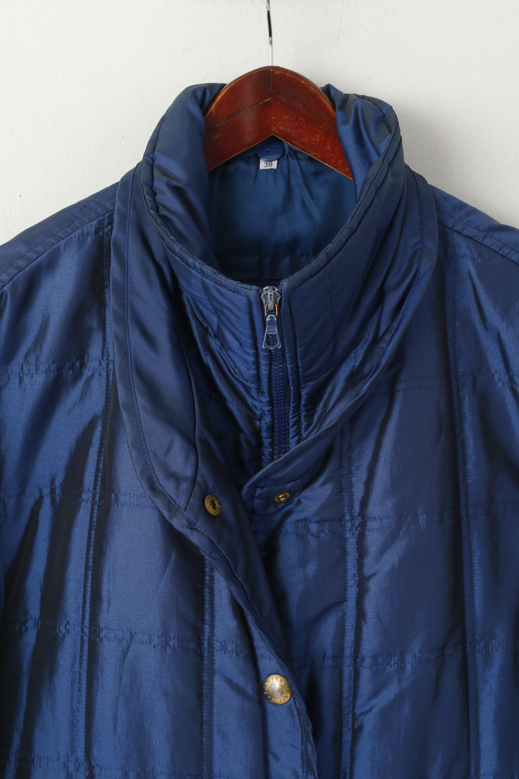 Gira Puccino Femme 38 M Veste Bleu Marine Brillant Vintage Oversize Matelassé Fermeture Éclair Complète Haut Rétro