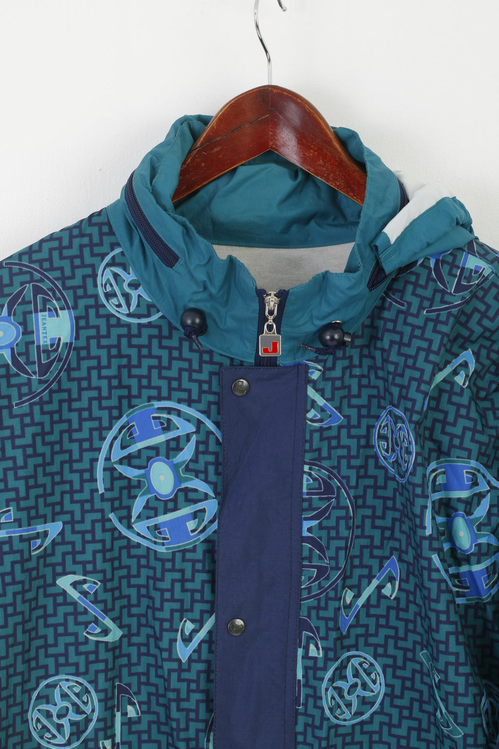 Jeantex Men 54/56 XL Jacket Green Nylon Waterproof Hidden Hood Vintage Zip Up Top