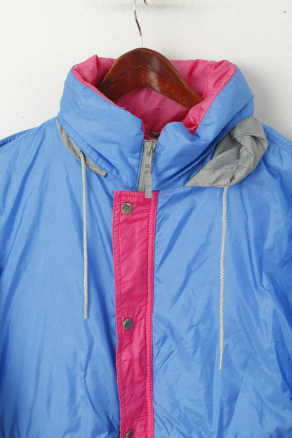 American Men XL Pullover Jacket Blue Vintage Ski Nylon Waterproof Hidden Hood Top