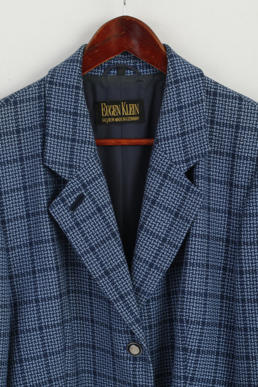 Eugen Klein Giacca da donna 42 16 Blazer blu vintage in lana Germania con spalline