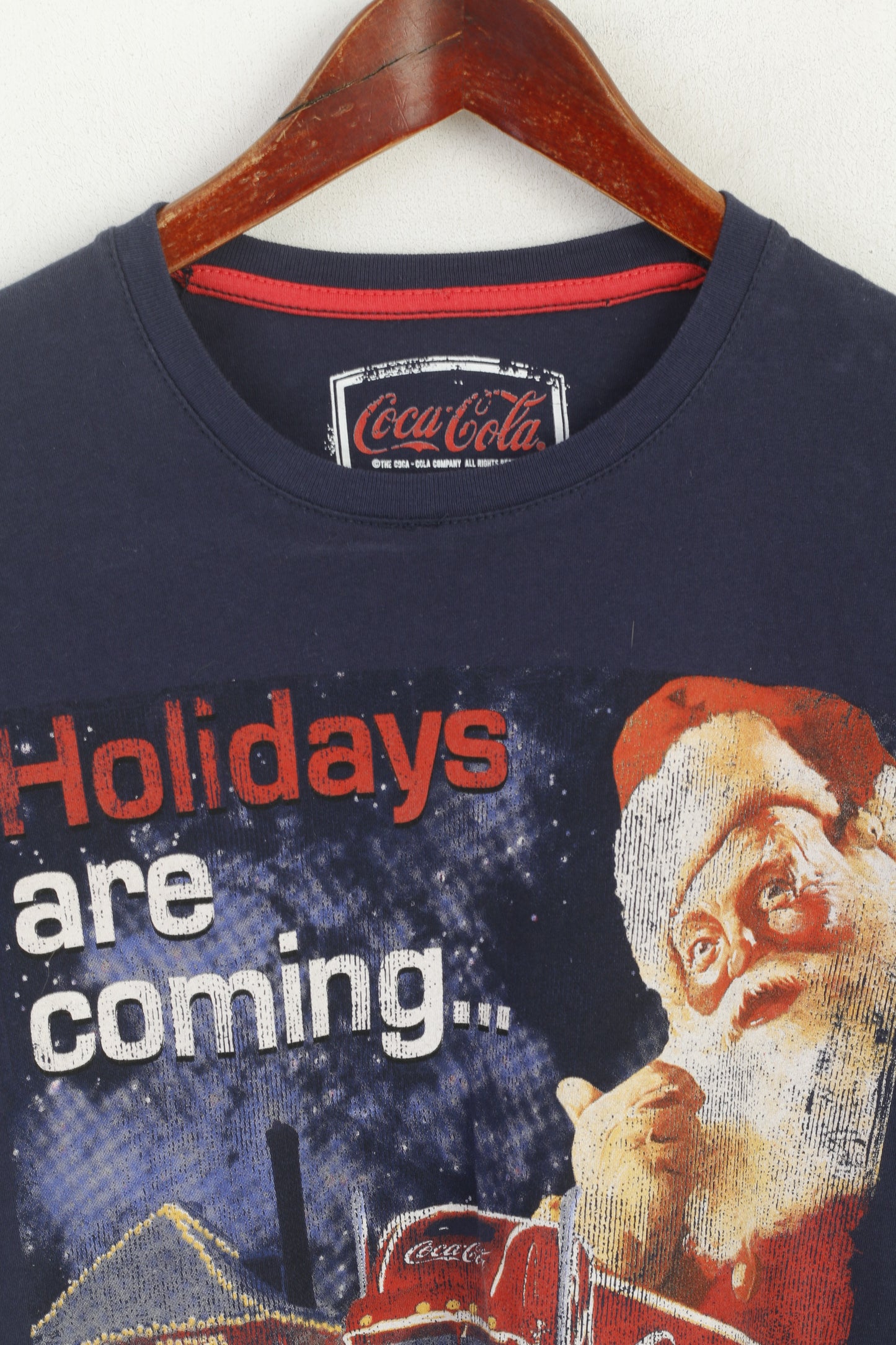 Coca Cola Men M Shirt Navy Cotton Holidays are Coming .. Haut à col rond