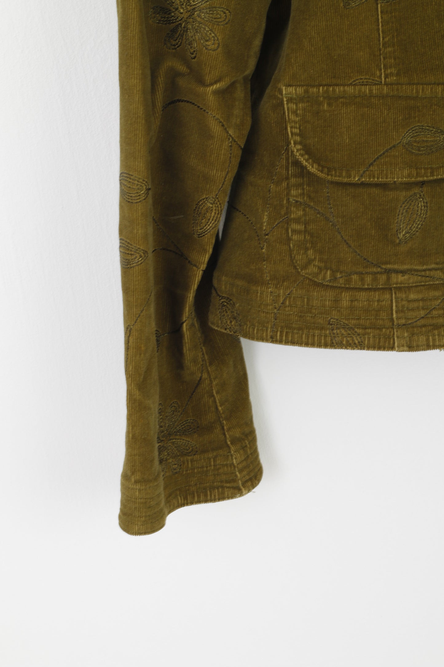 Mes Design Women 44 L Blazer Giacca vintage ricamata in velluto a coste di cotone verde