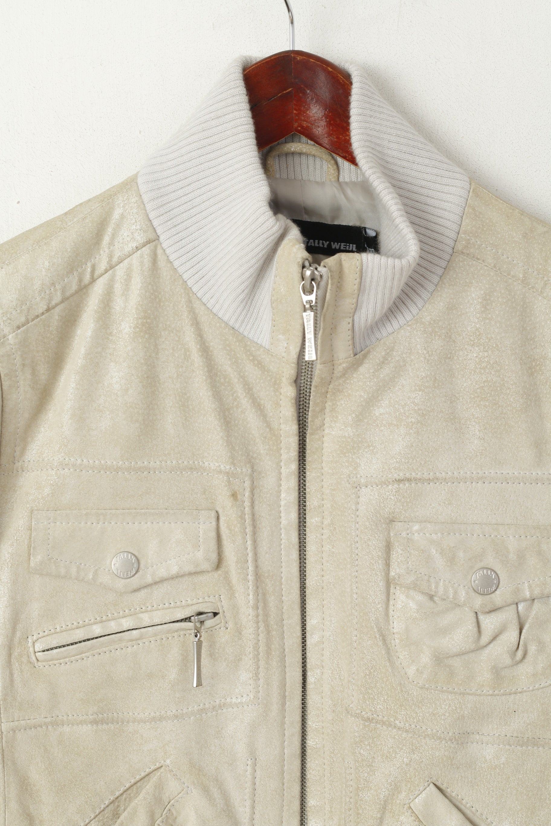 Tally Weijl Donna 38 M (S) Giacca da motociclista in pelle beige con cerniera intera Top tascabile lucido