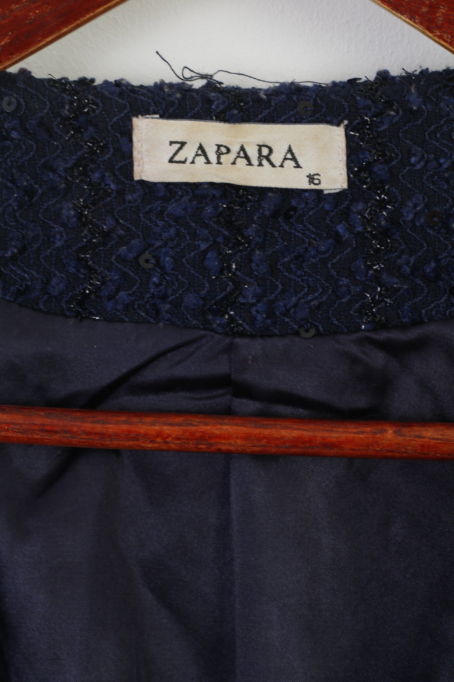 Zapara Women 16 L Blazer Blue Vintage Shiny Sequins Shoulder Pads Elegant Top
