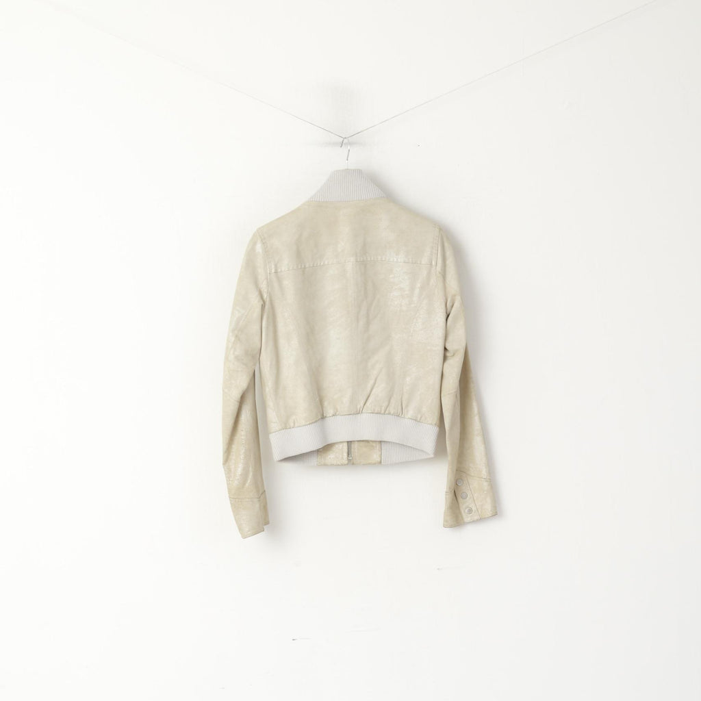 Tally Weijl Donna 38 M (S) Giacca da motociclista in pelle beige con cerniera intera Top tascabile lucido