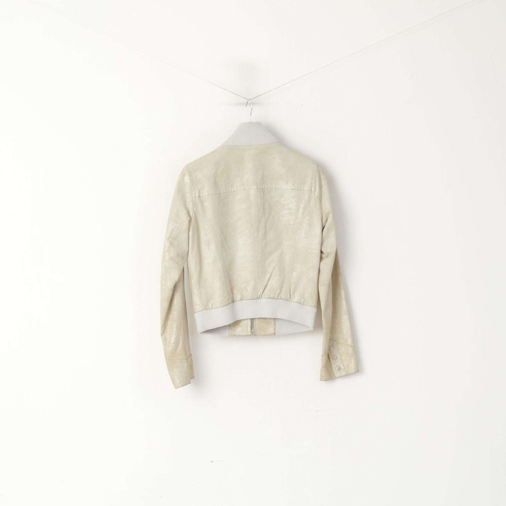 Tally Weijl Donna 38 M (S) Giacca da motociclista in pelle beige con cerniera intera Top tascabile lucido