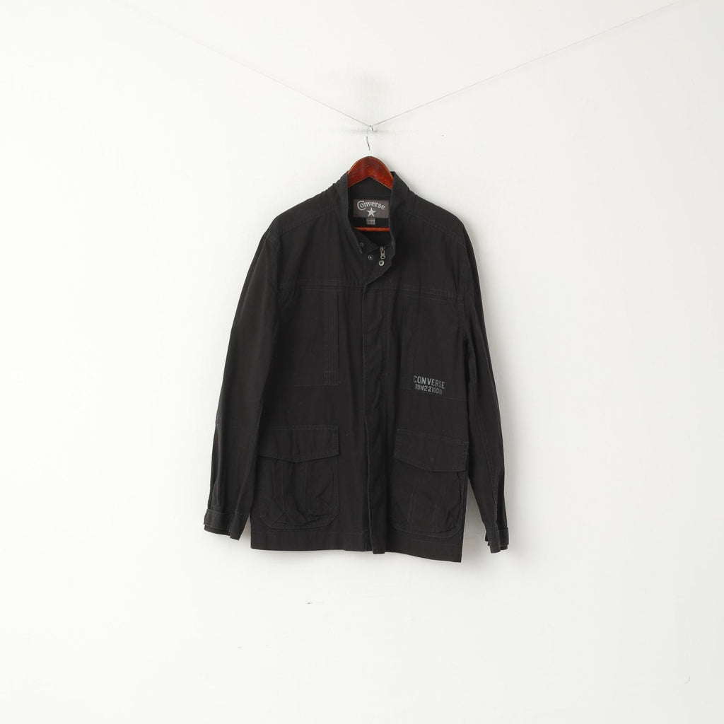 Converse Men XL Jacket Black Cotton Zip Up Pockets Skateboard Casual Lightweight Top
