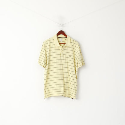 Adidas Men XL Polo Shirt Yellow Retro Cotton Striped Detailed Buttons Stretch Top