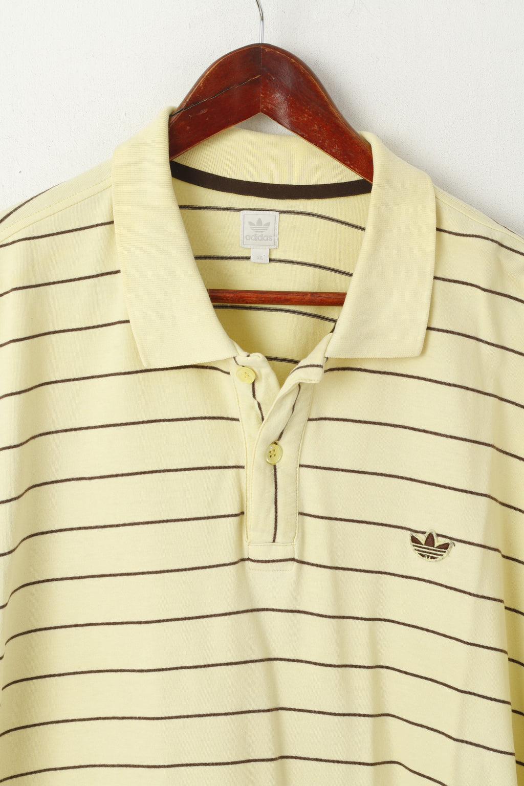 Adidas Men XL Polo Shirt Yellow Retro Cotton Striped Detailed Buttons Stretch Top