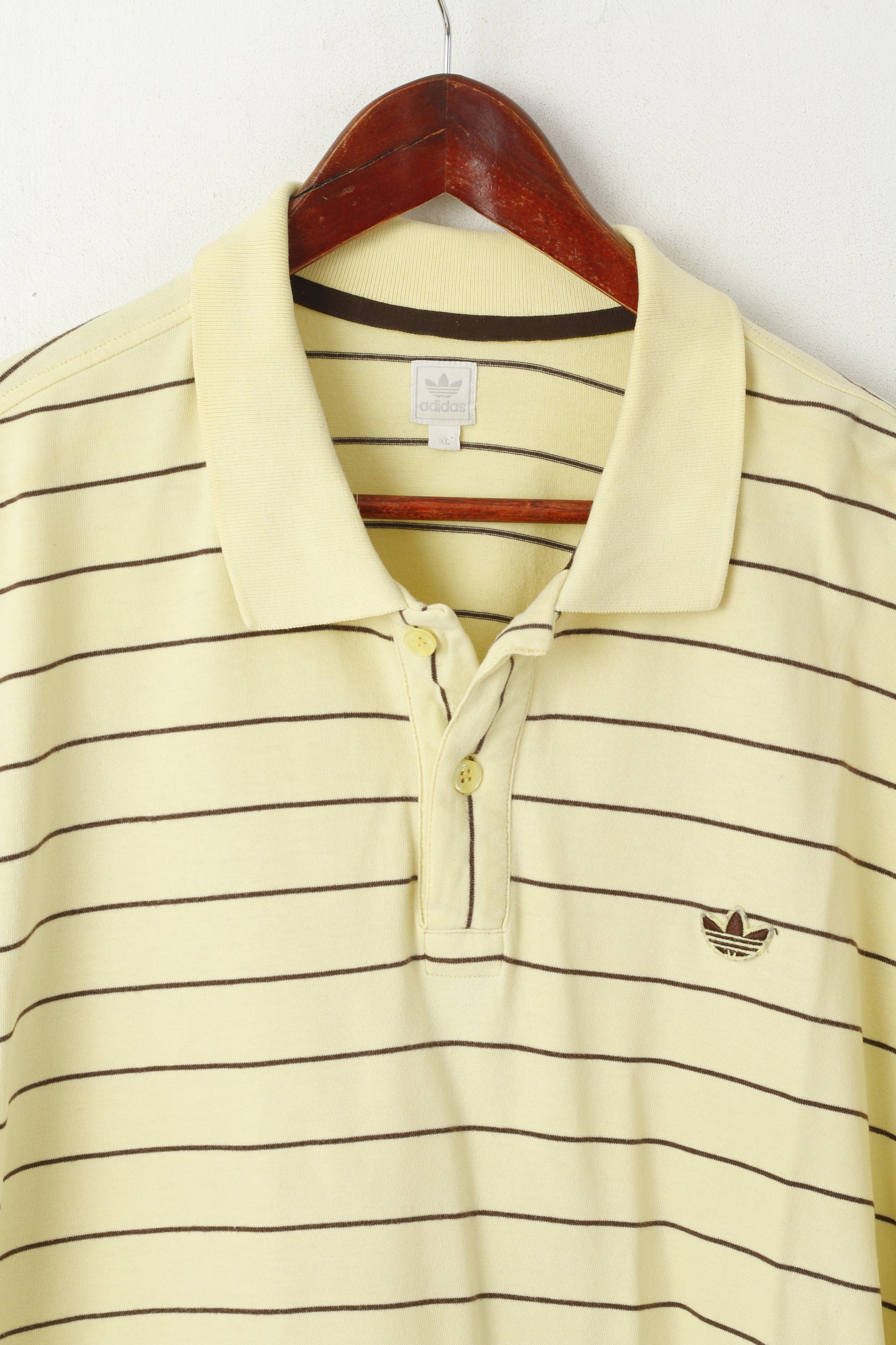 Adidas Men XL Polo Shirt Yellow Retro Cotton Striped Detailed Buttons Stretch Top
