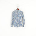 Caliban Men 38 15 S Casual Shirt Blue Cotton Blue Printed Floral Retro Long Sleeve Top