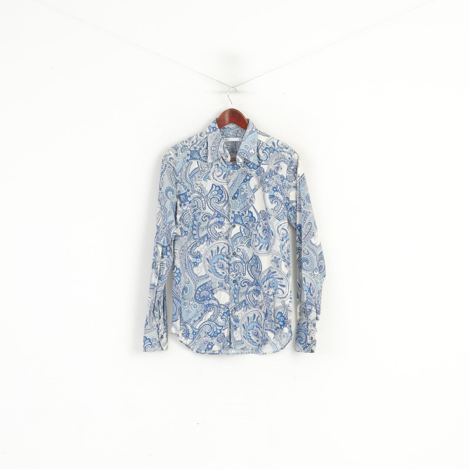 Caliban Men 38 15 S Casual Shirt Blue Cotton Blue Printed Floral Retro Long Sleeve Top