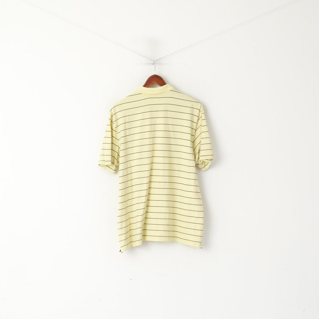 Adidas Men XL Polo Shirt Yellow Retro Cotton Striped Detailed Buttons Stretch Top