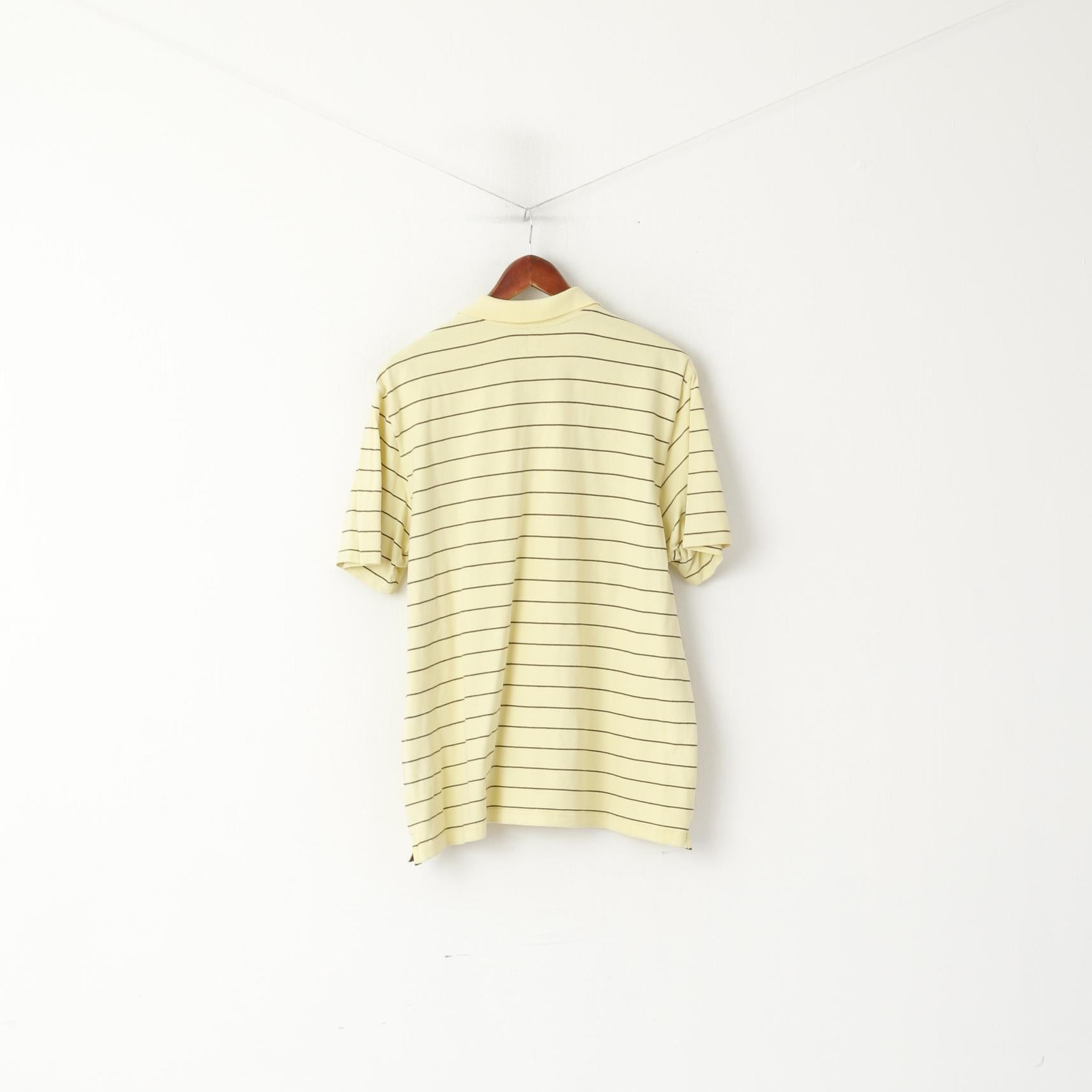 Adidas Men XL Polo Shirt Yellow Retro Cotton Striped Detailed Buttons Stretch Top