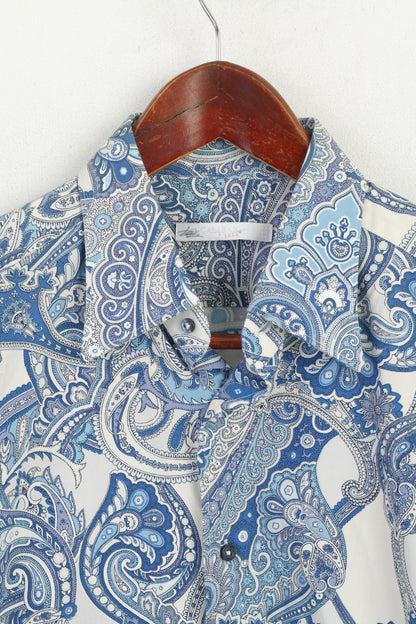 Caliban Men 38 15 S Casual Shirt Blue Cotton Blue Printed Floral Retro Long Sleeve Top