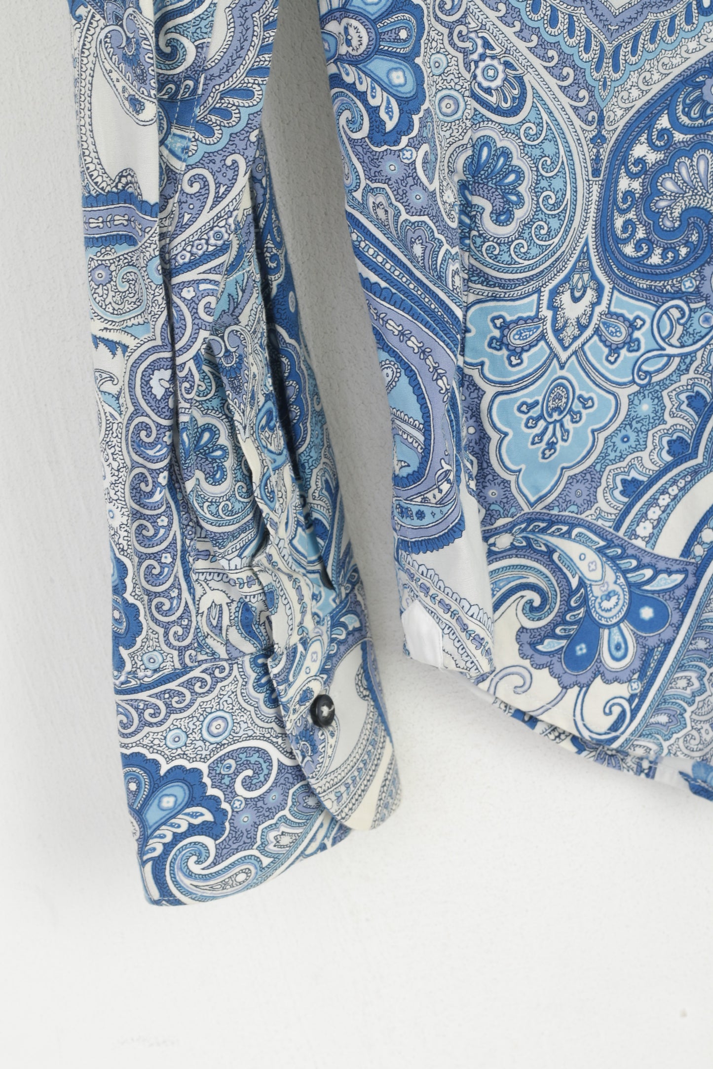 Caliban Men 38 15 S Casual Shirt Blue Cotton Blue Printed Floral Retro Long Sleeve Top