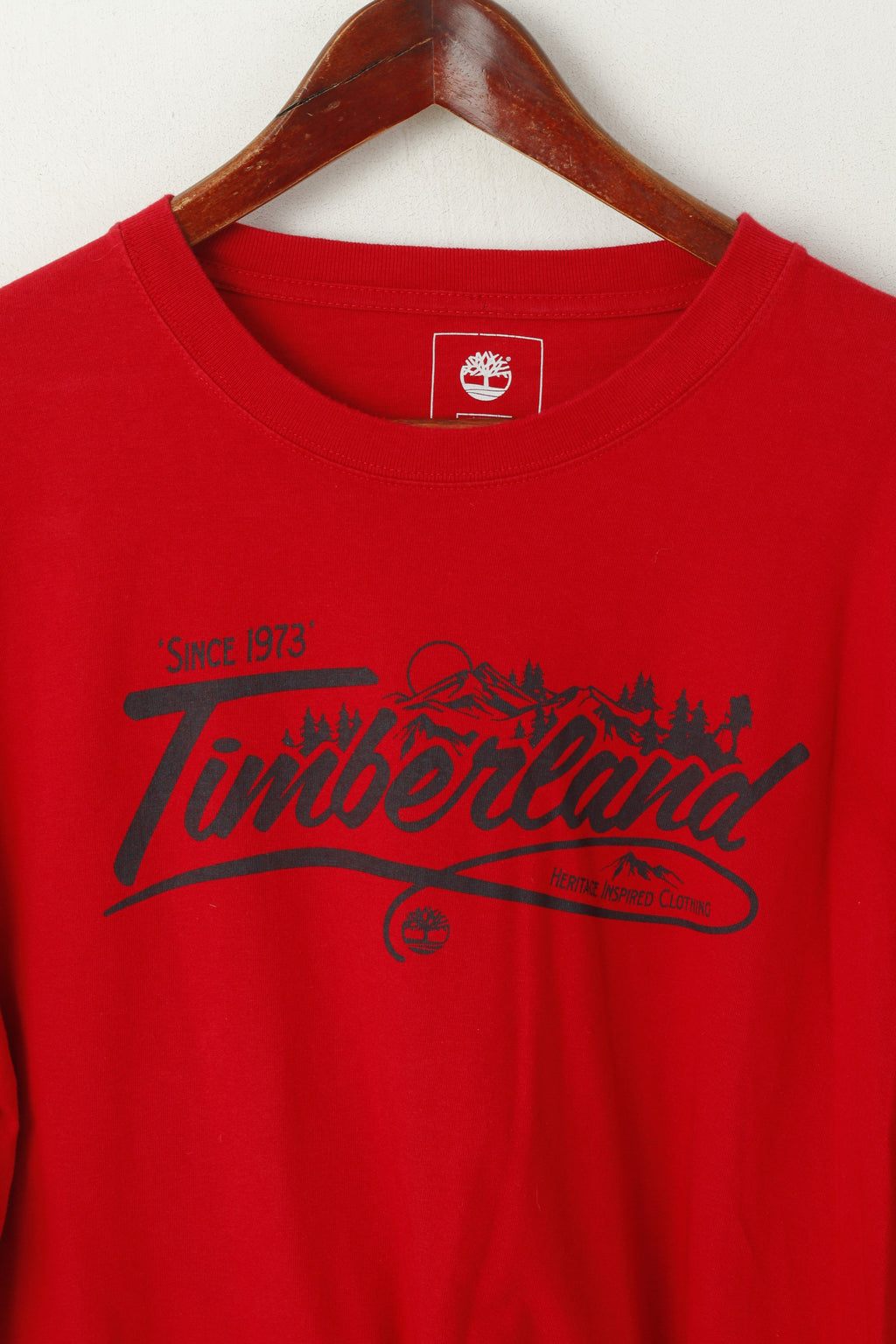 Timberland Men M Long Sleeved Shirt Red Cotton Regular Fit Graphic Earthkeepers Top