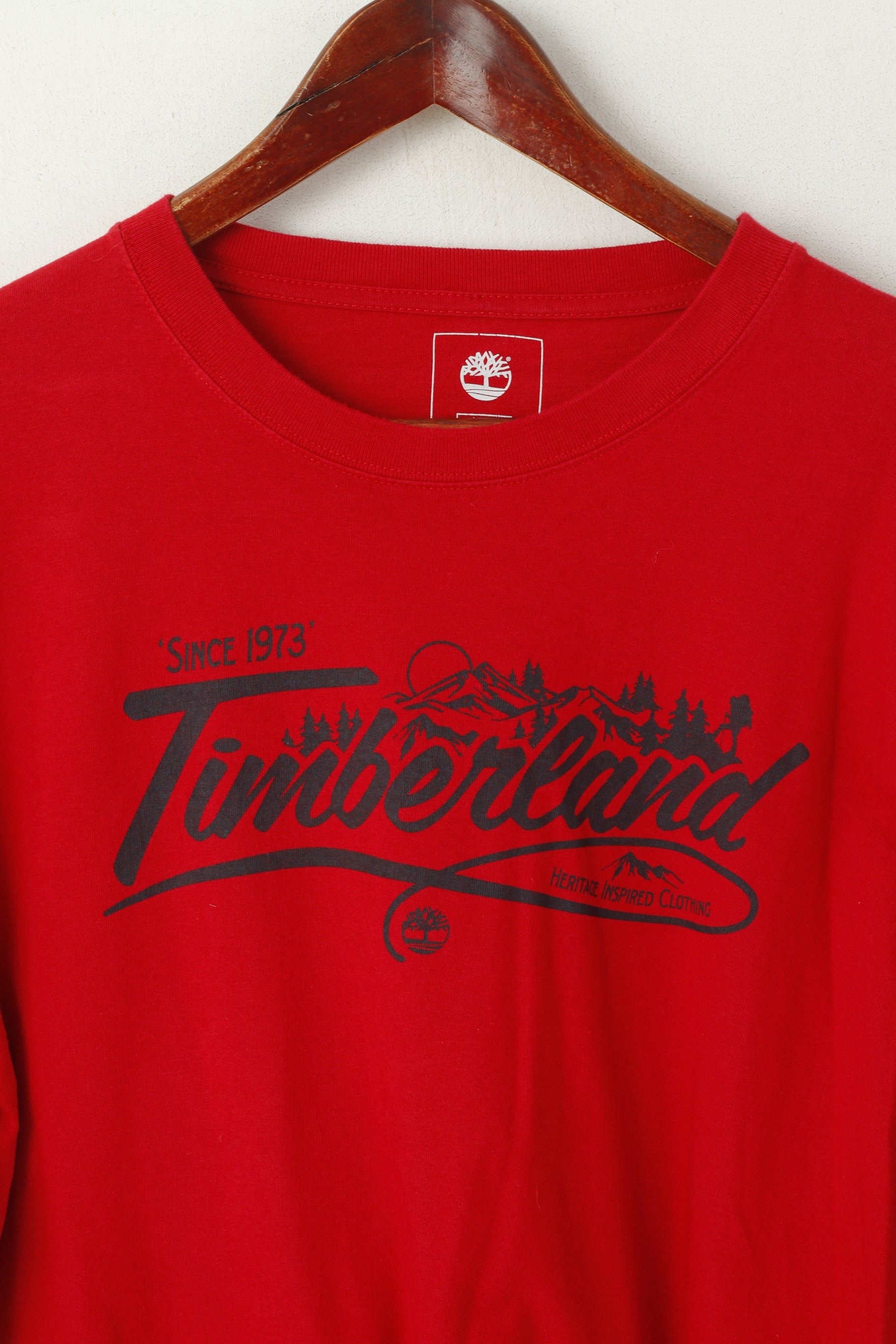 Timberland Men M Long Sleeved Shirt Red Cotton Regular Fit Graphic Earthkeepers Top