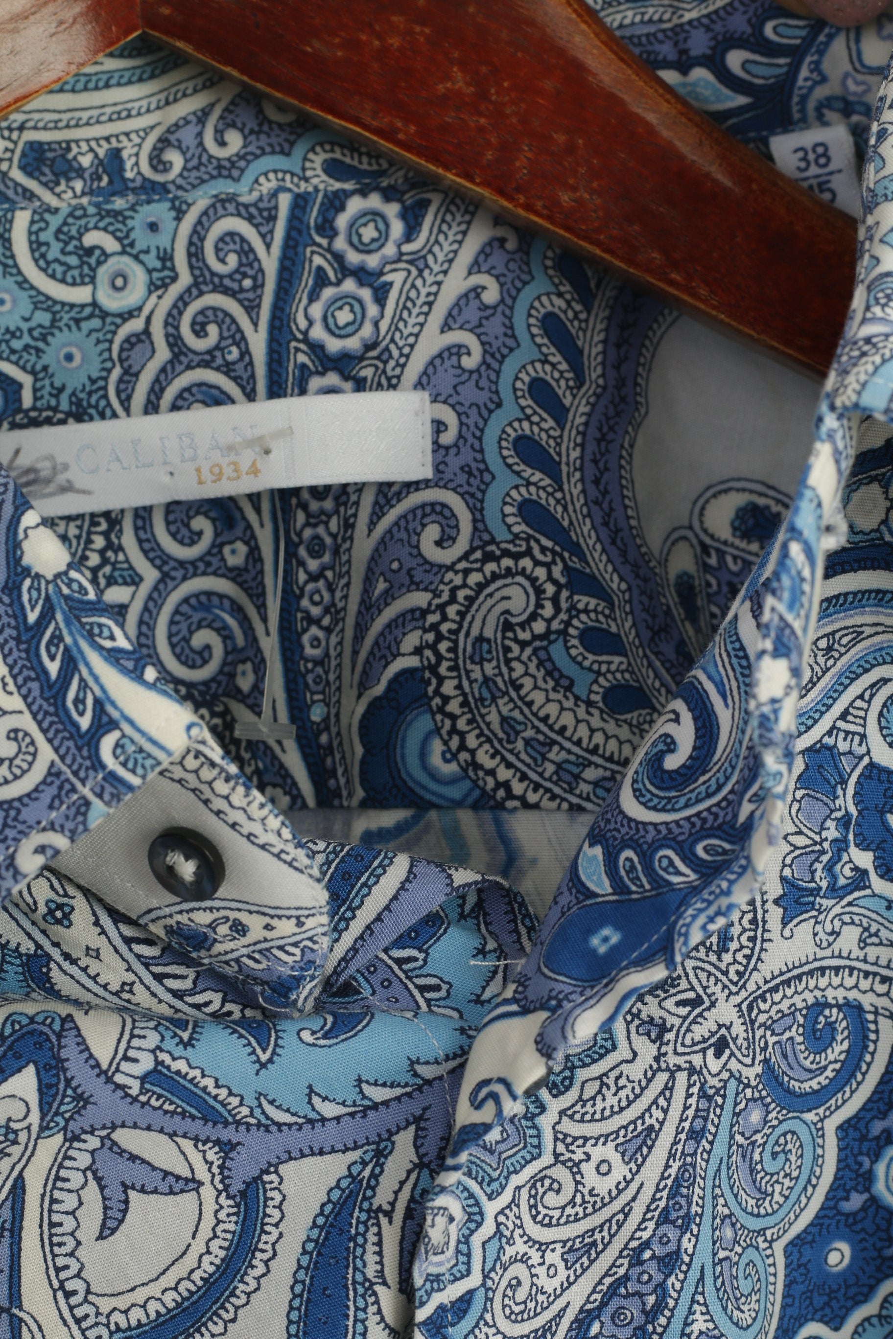 Caliban Men 38 15 S Casual Shirt Blue Cotton Blue Printed Floral Retro Long Sleeve Top