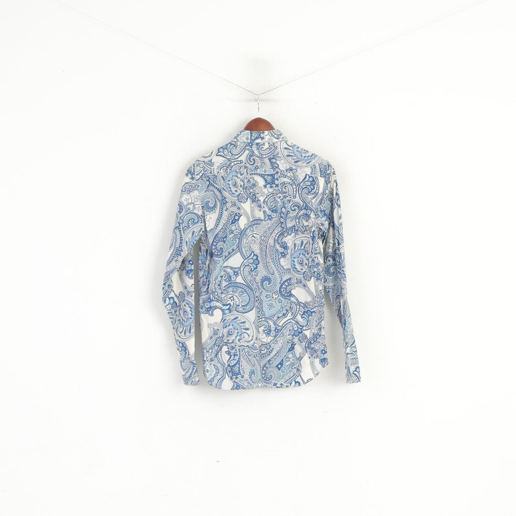 Caliban Men 38 15 S Casual Shirt Blue Cotton Blue Printed Floral Retro Long Sleeve Top