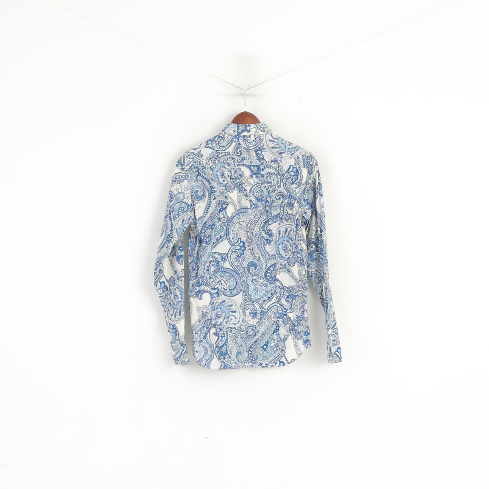 Caliban Men 38 15 S Casual Shirt Blue Cotton Blue Printed Floral Retro Long Sleeve Top