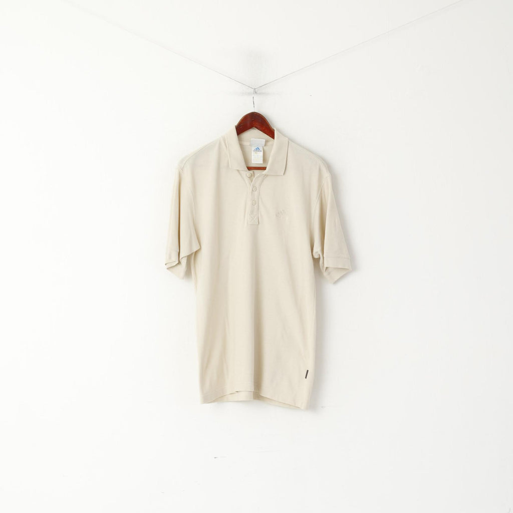 Adidas Men 38/40 M Polo Shirt Beige Cotton Vintage Classic Plain Short Sleeve Top
