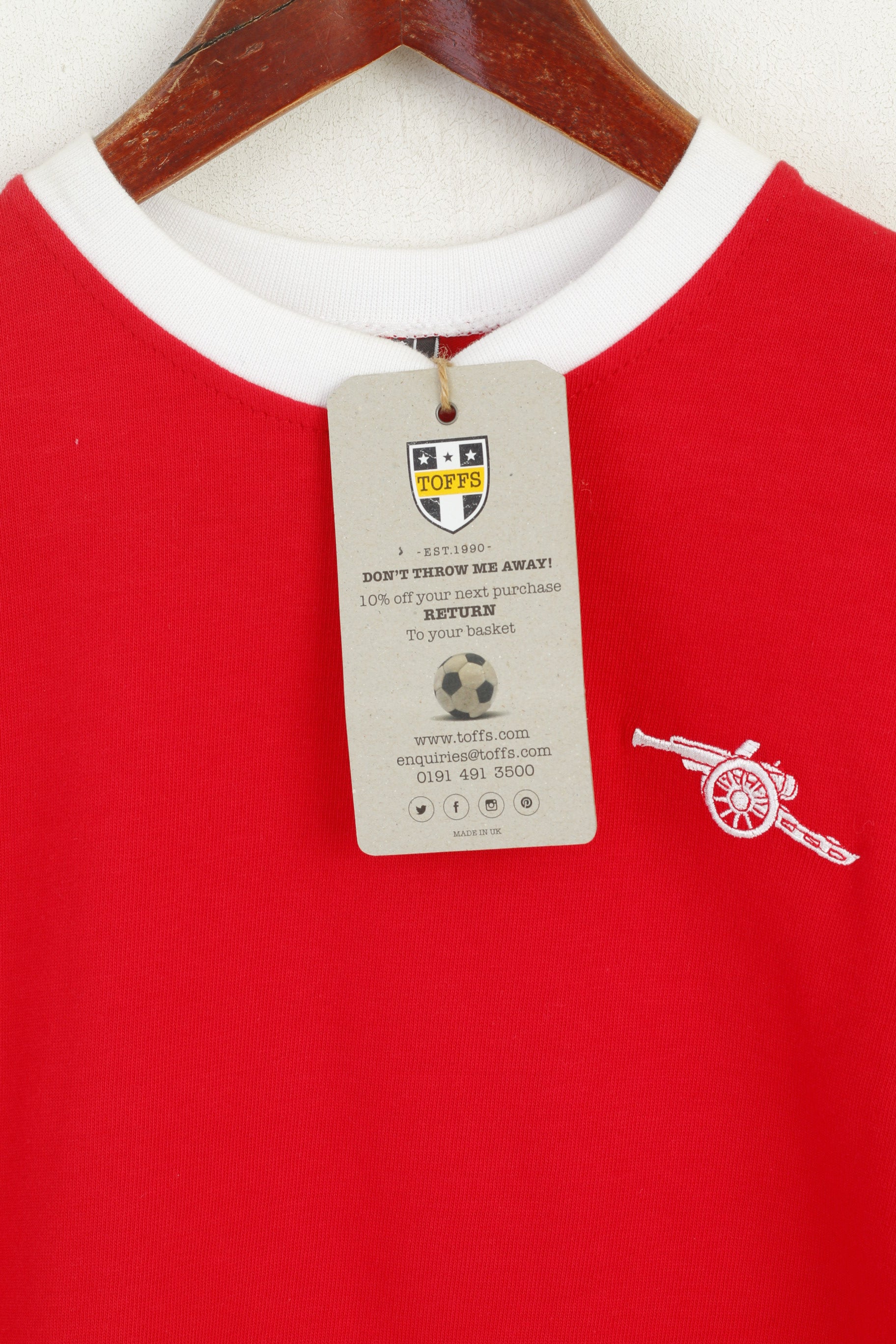 Nouveau Toffs garçons 10-11 âge chemise rouge coton Arsenal Football Joe haut