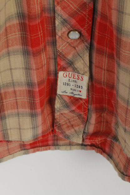 Guess Los Angeles Men M Casual Shirt Red Check Snaps Slim Fit Long Sleeve Cotton