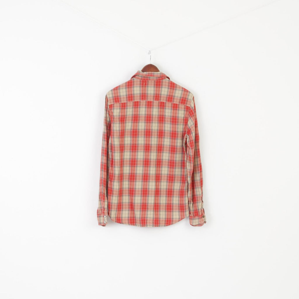 Guess Los Angeles Men M Casual Shirt Red Check Snaps Slim Fit Long Sleeve Cotton