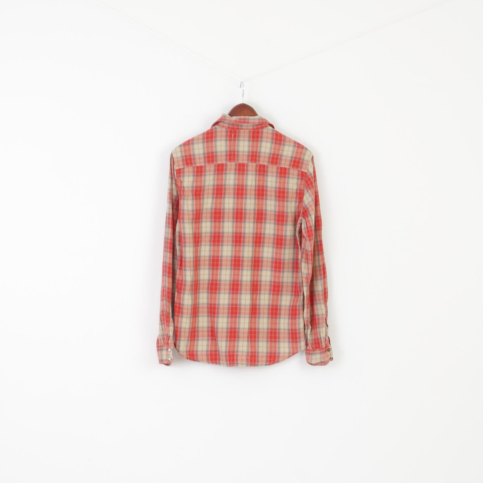 Guess Los Angeles Men M Casual Shirt Red Check Snaps Slim Fit Long Sleeve Cotton