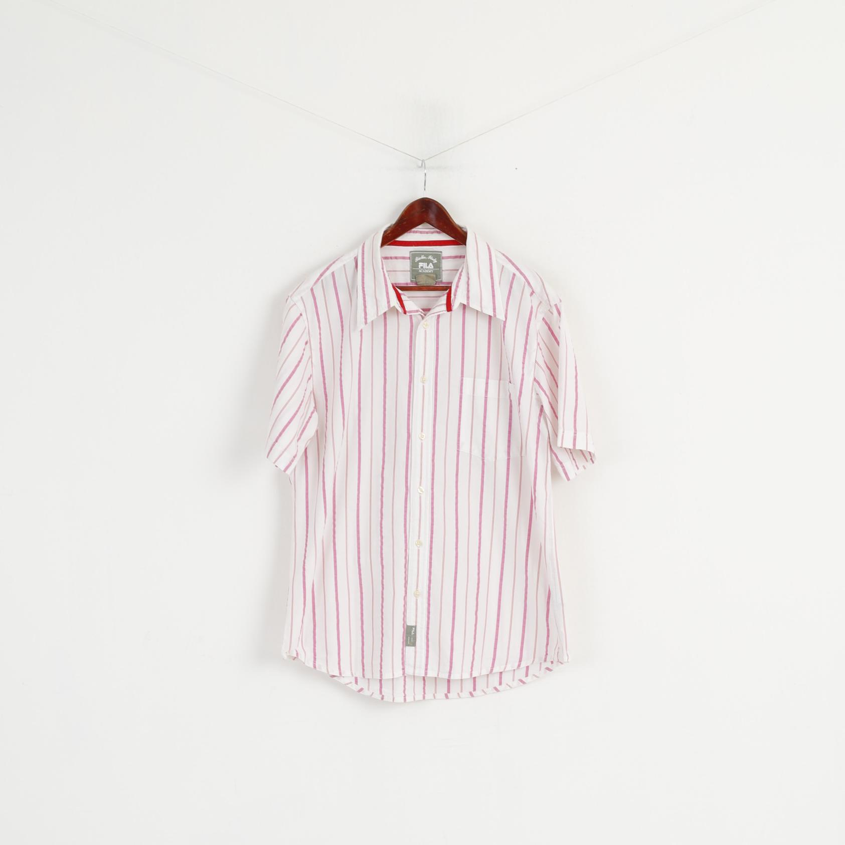 Fila Academy Men XL Casual Shirt White Pink Striped Biella Italy Cotton Top